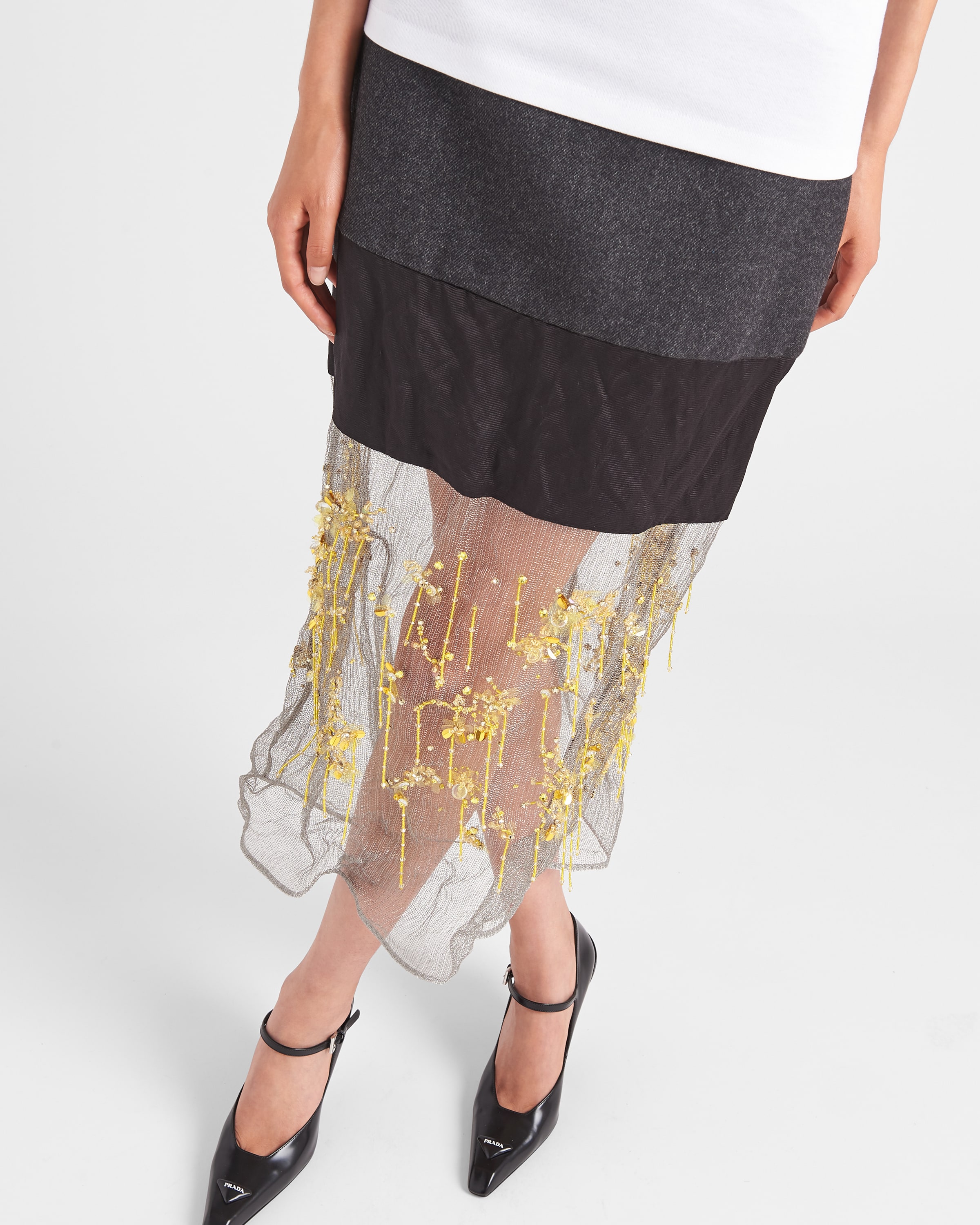 Steel Gray/slate Gray Embroidered cloth and mesh midi-skirt | Prada