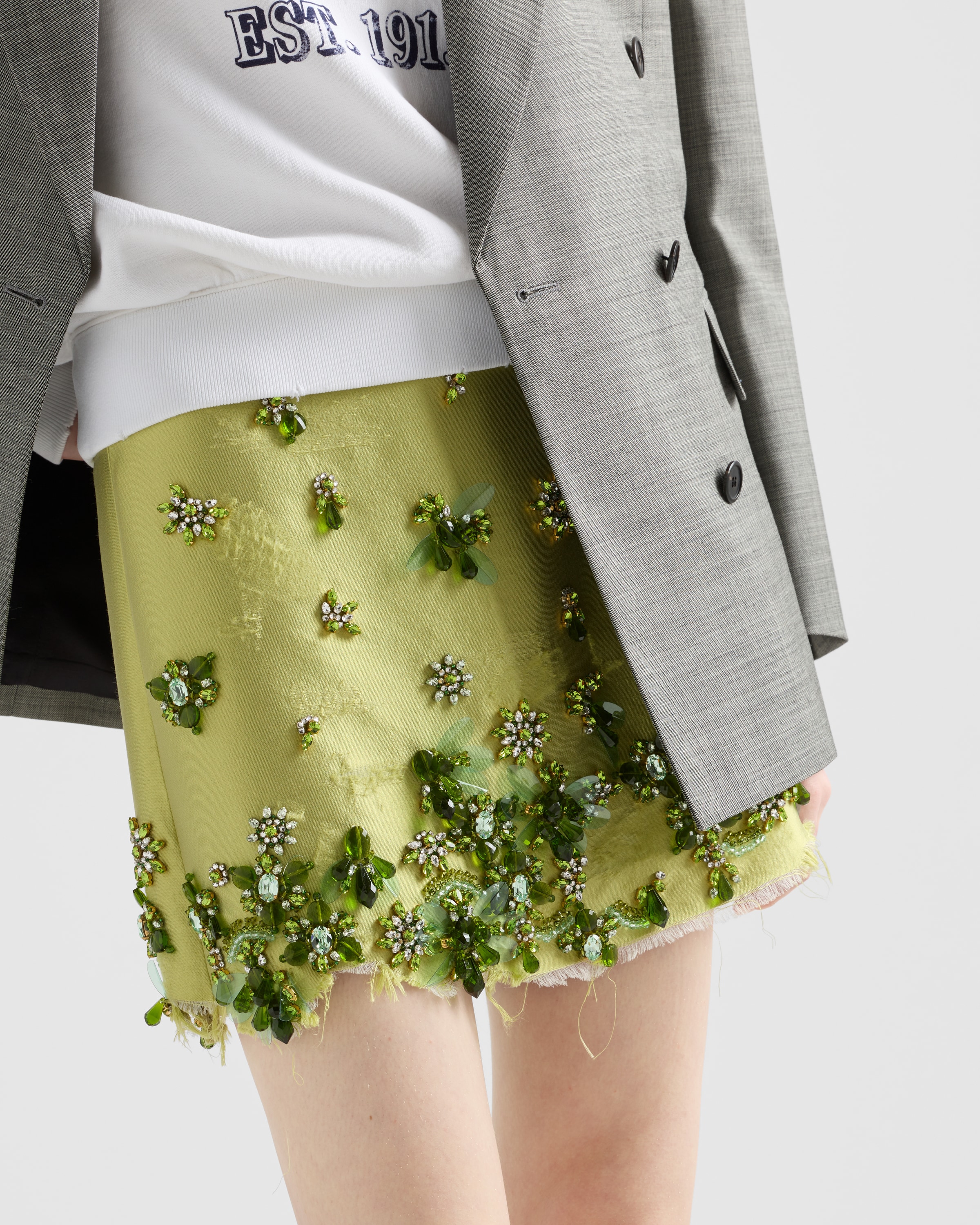 Prada Embroidered Silk And Wool Miniskirt In Fern Green
