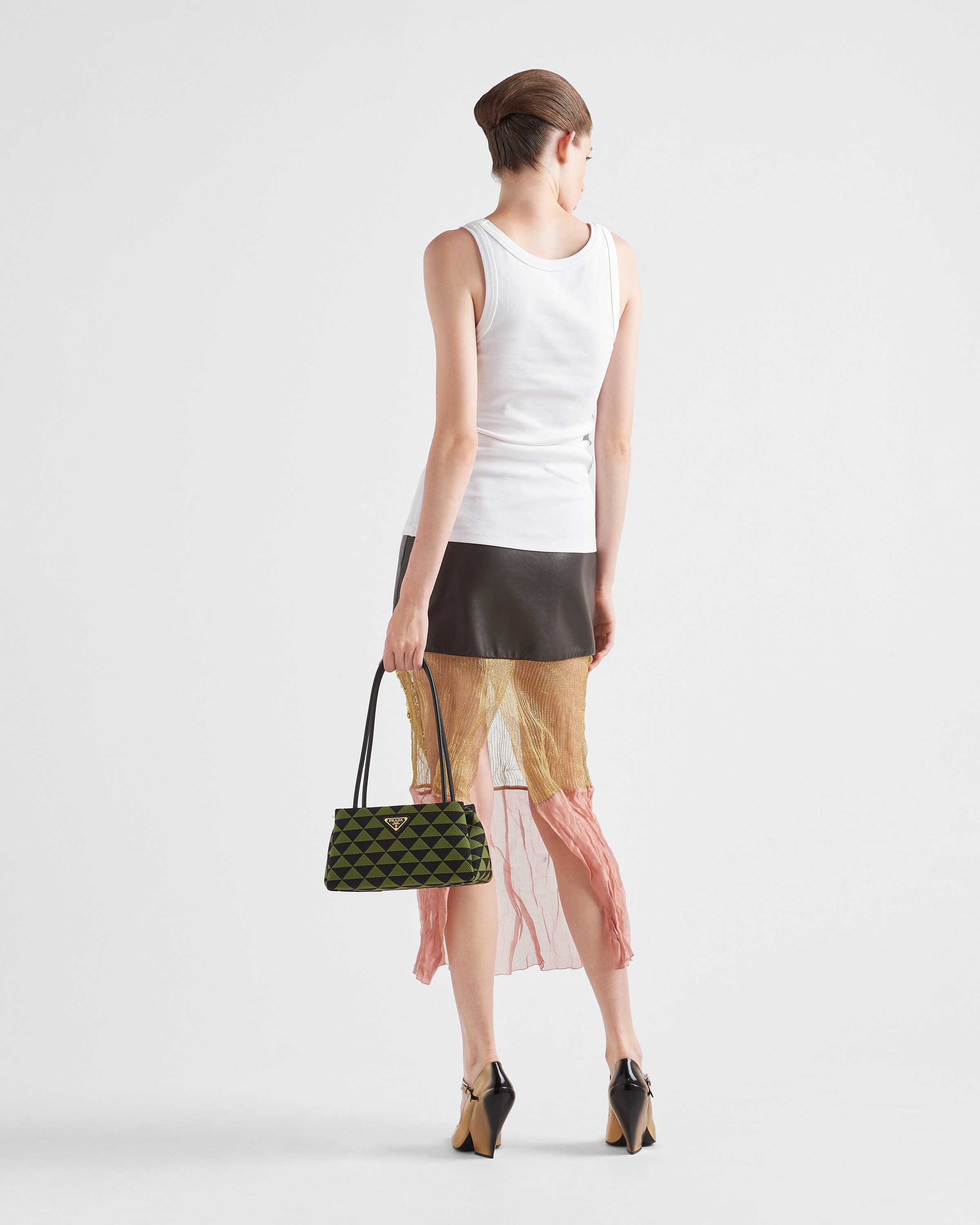 Brass/coffee Embroidered mesh and leather midi-skirt | Prada