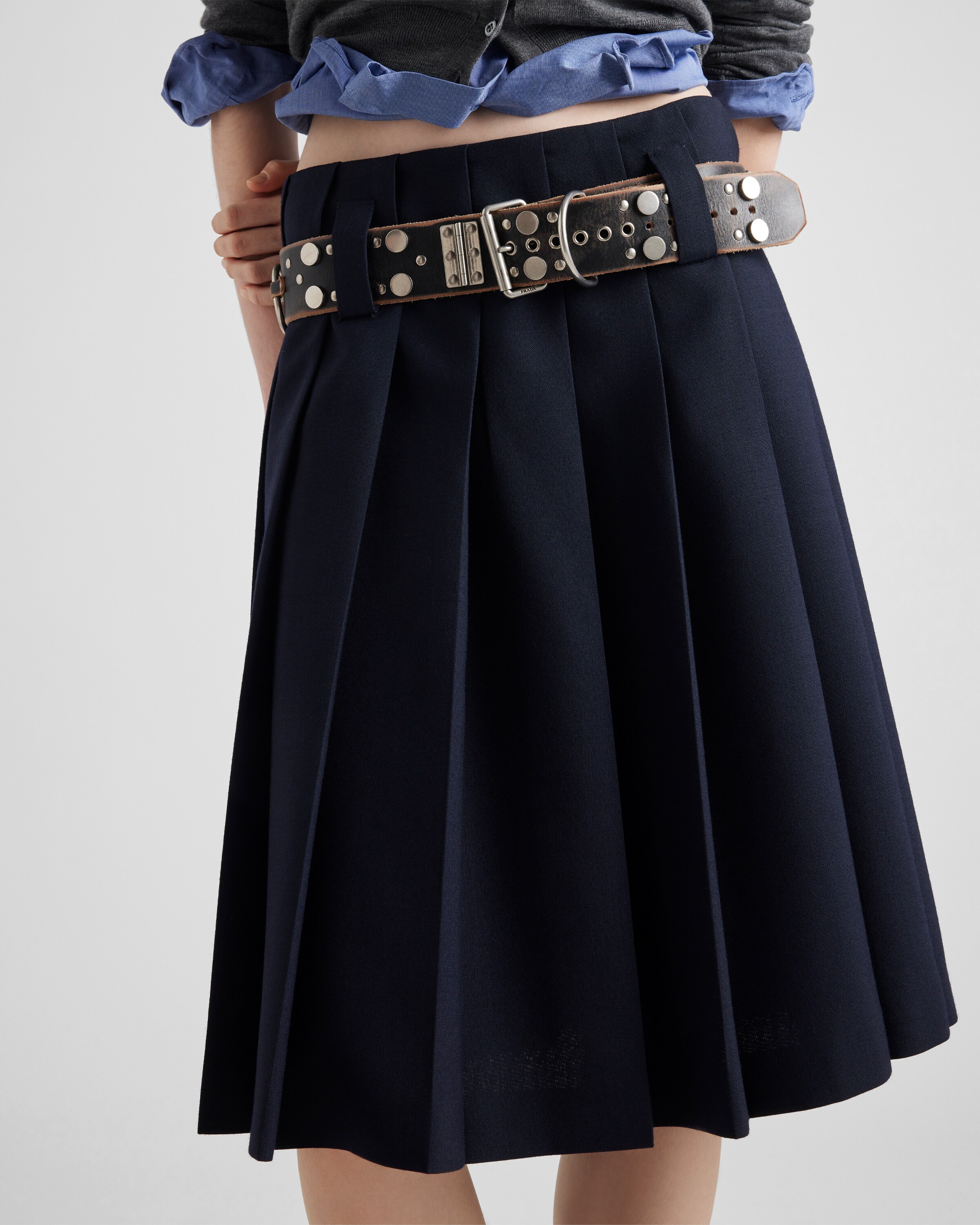 Navy Pleated rush stitch skirt with belt | PRADA