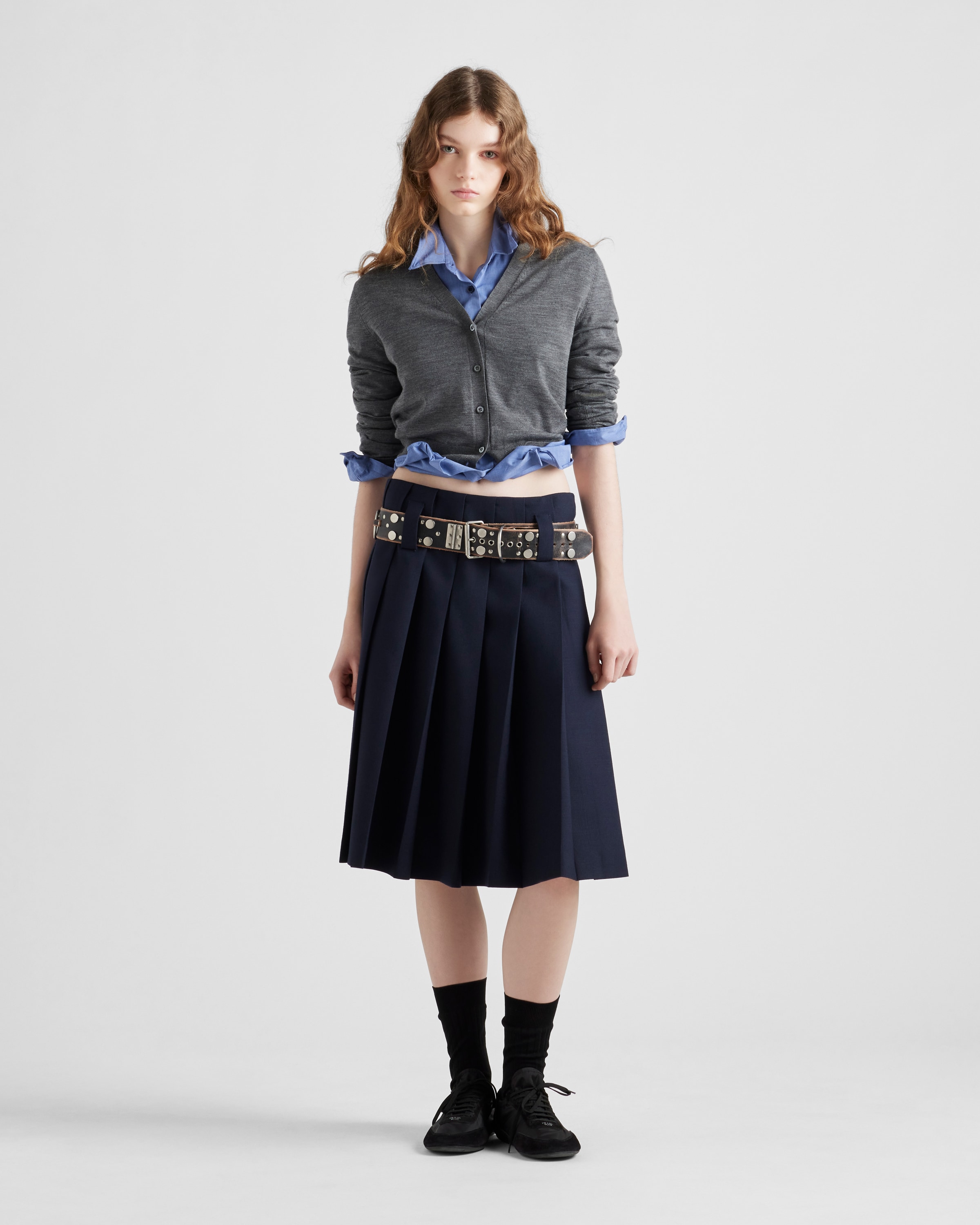 Navy Pleated rush stitch skirt with belt | PRADA