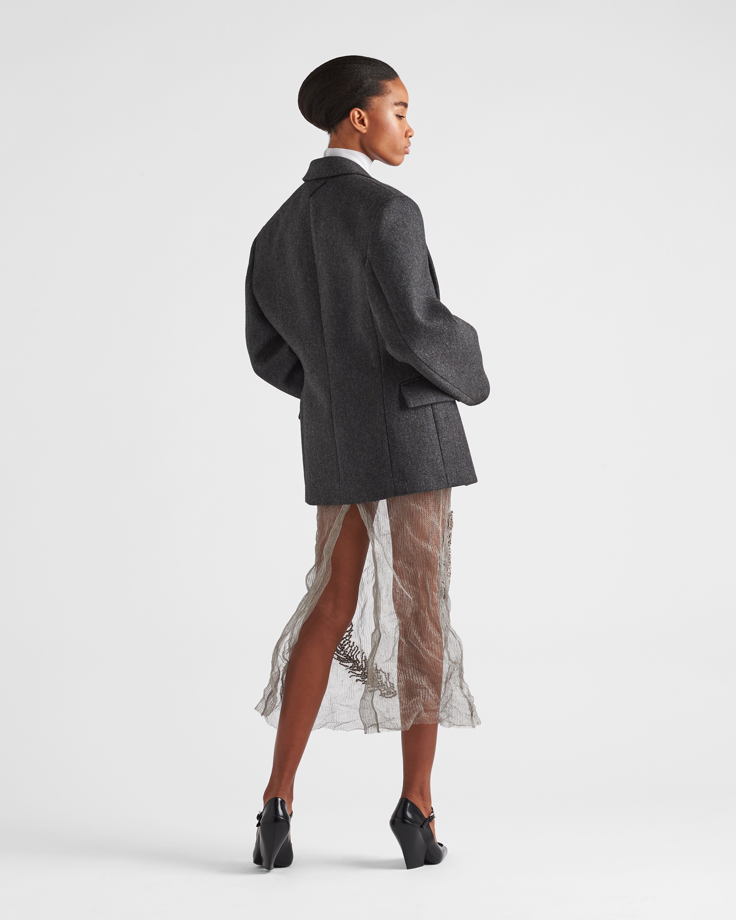 Steel Gray/slate Gray Embroidered cloth and mesh midi-skirt | Prada