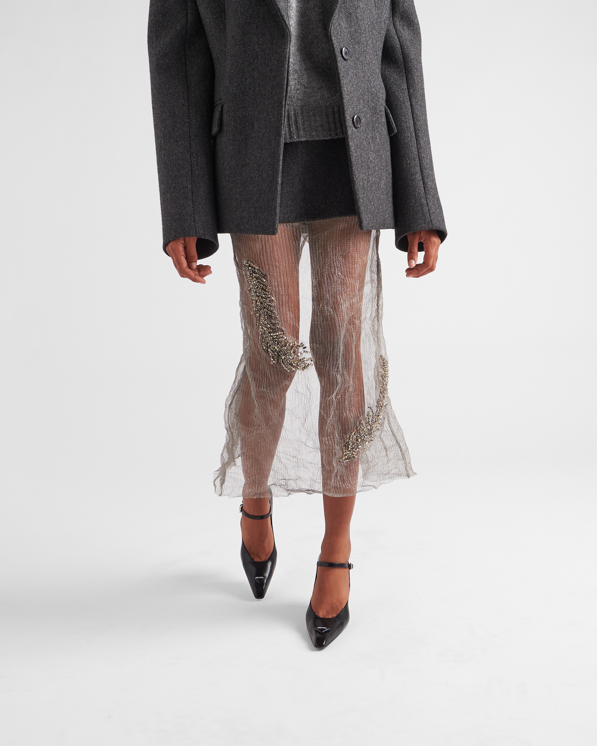 Steel Gray/slate Gray Embroidered cloth and mesh midi-skirt | Prada