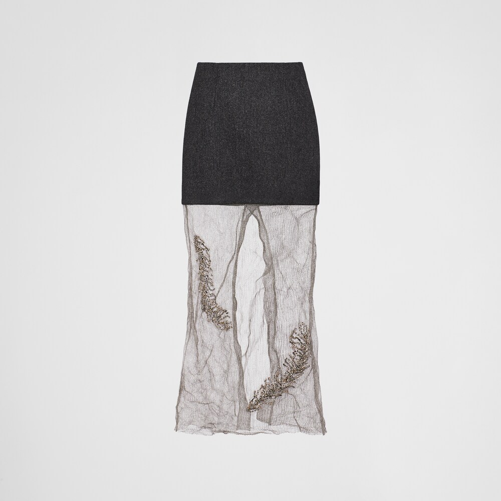 Prada Gonna midi in rete e panno ricamata 1