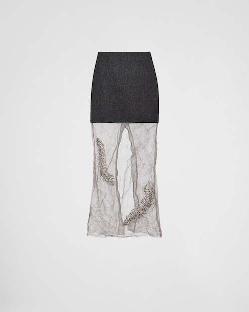 Steel Gray/slate Gray Embroidered cloth and mesh midi-skirt | Prada