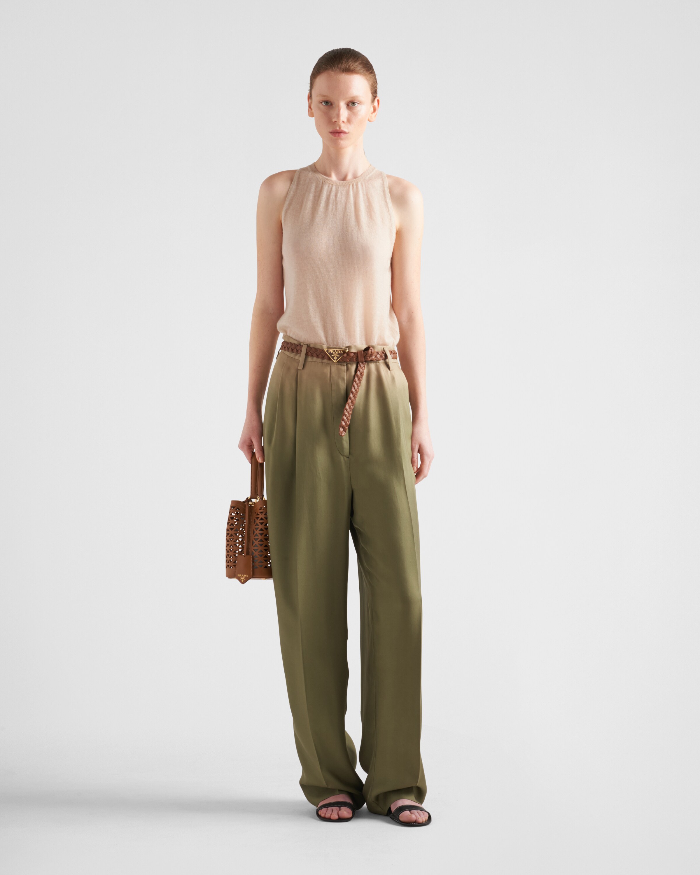 Prada Gradient Pintuck Twill Silk Pants In Military Green