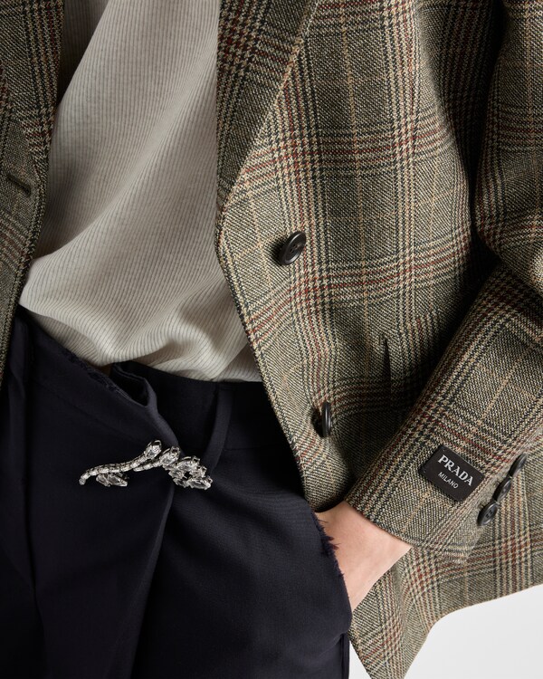 Old-wash gabardine pants with jeweled brooch Old-wash gabardine pants with jeweled brooch