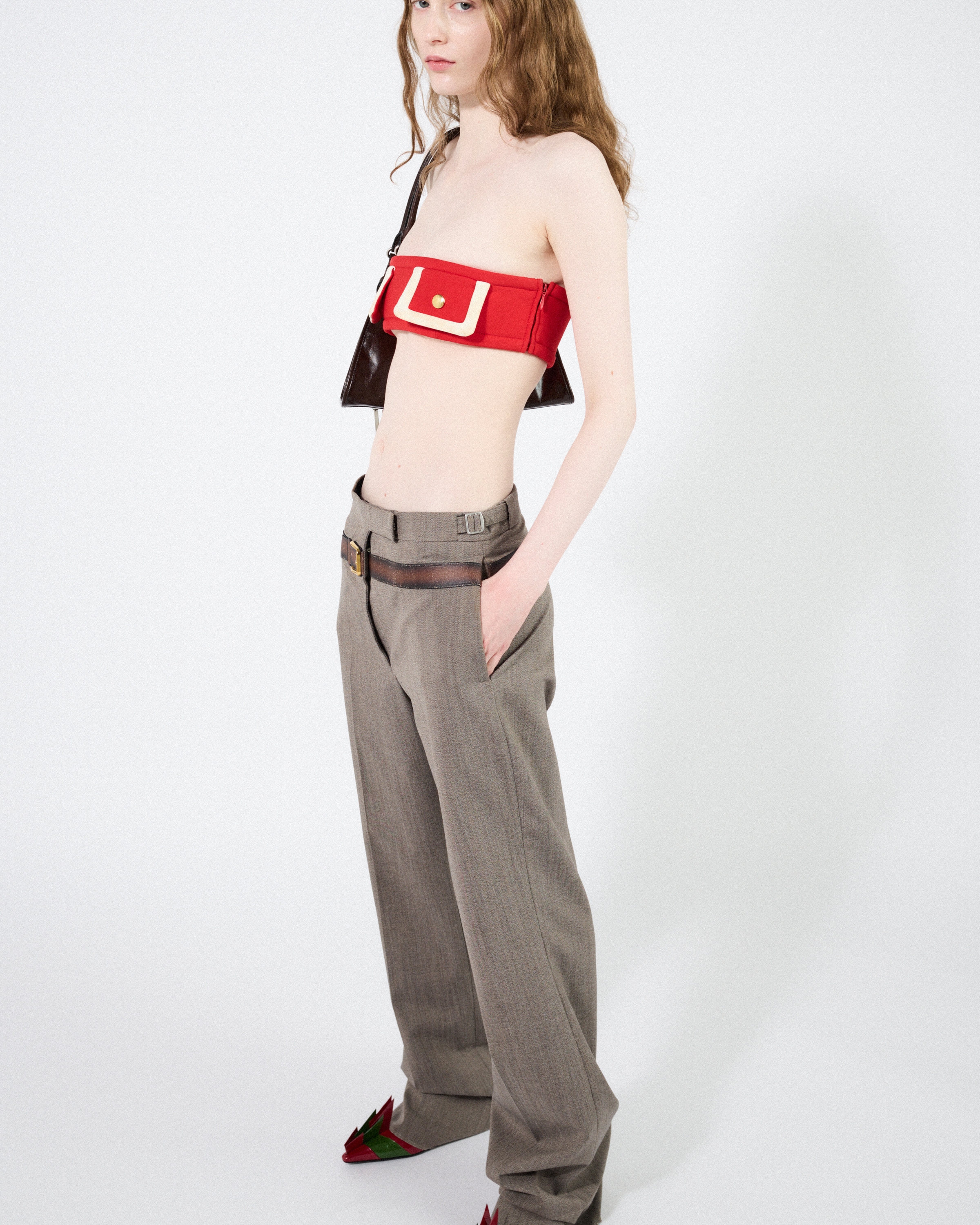 Clay Grey Technical Wool Pants With Printed Belt | PRADA