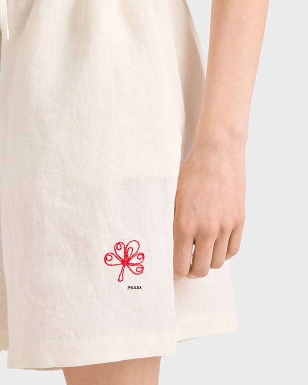 Embroidered slubbed linen shorts - White Embroidered slubbed linen shorts - White