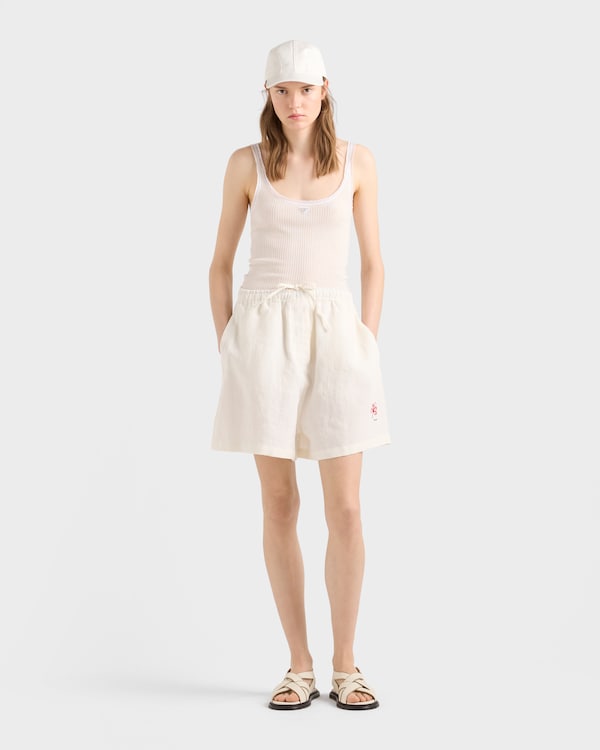 Embroidered slubbed linen shorts - White Embroidered slubbed linen shorts - White