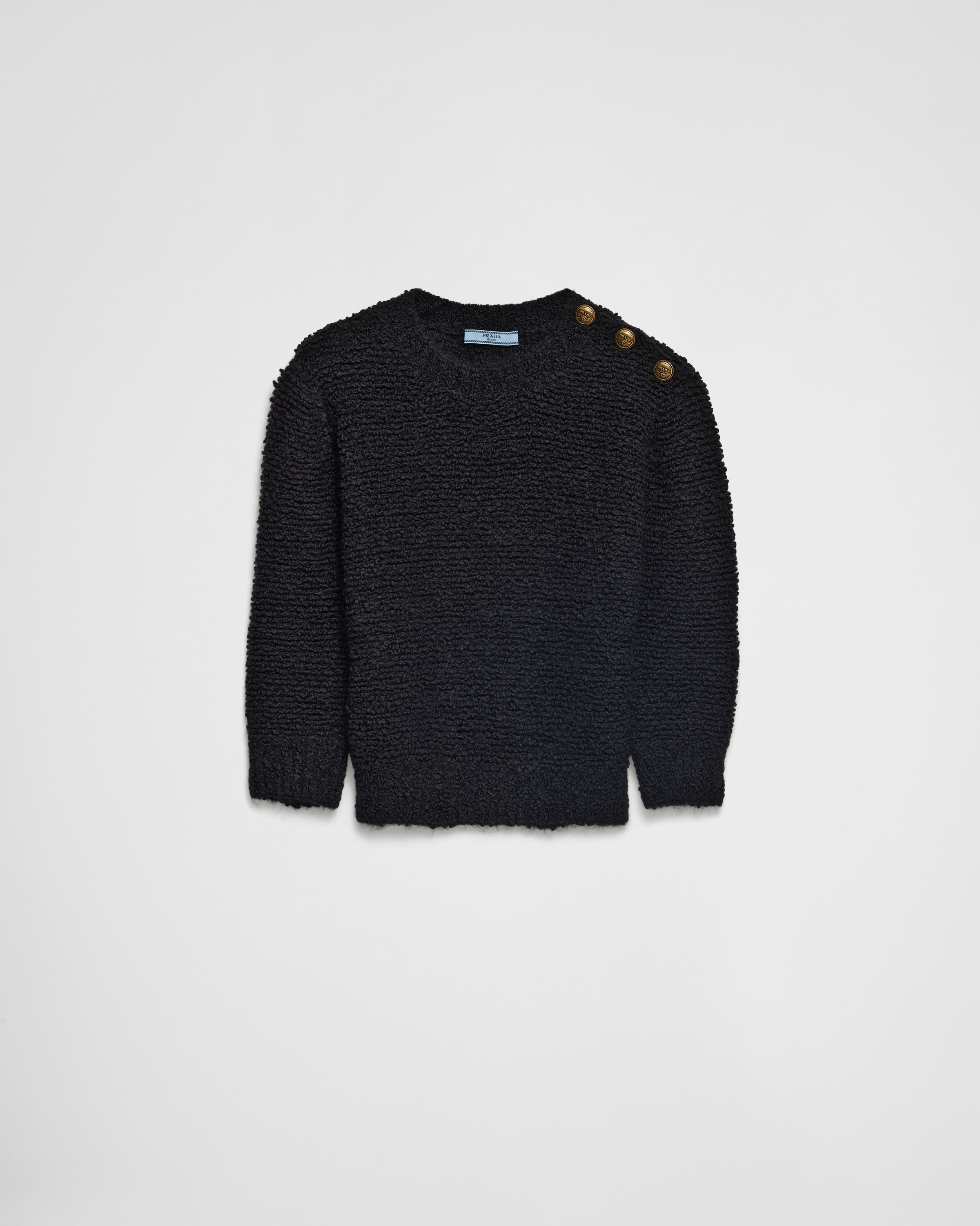Prada Wool Boucle Knit Sweater With Shoulder Buttons In Black