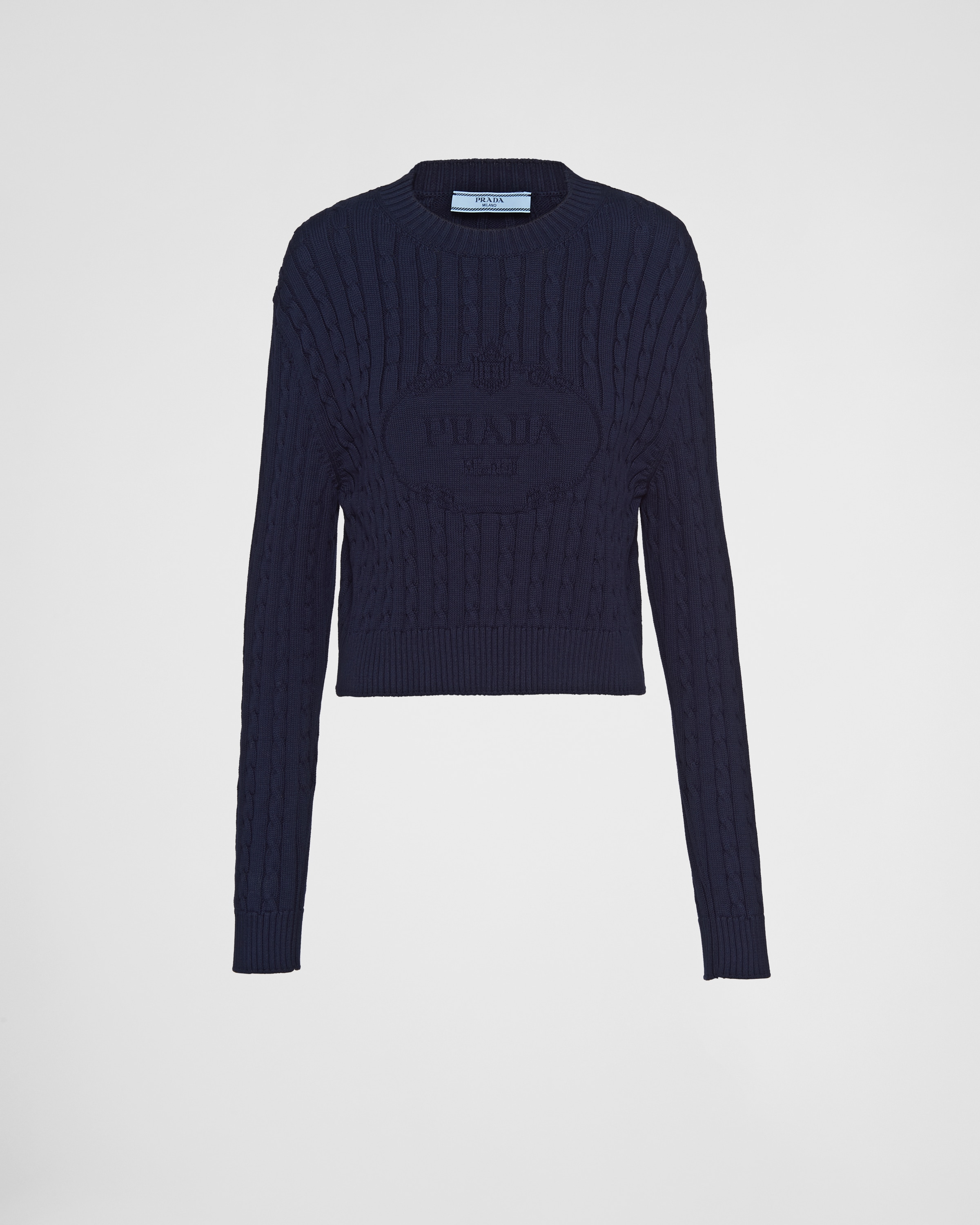 Prada Intarsia-logo Cropped Jumper In Navy