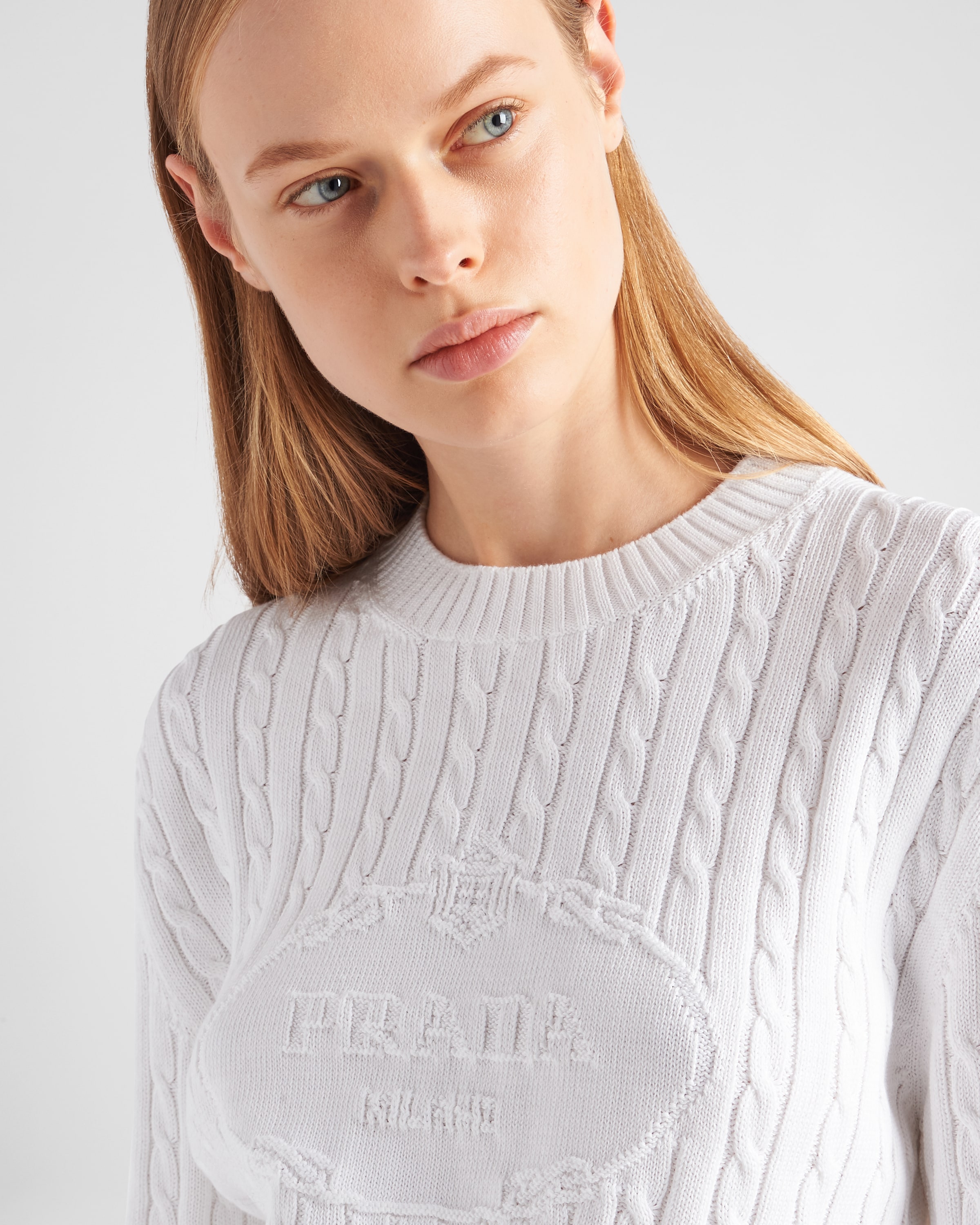White cotton crew neck sweater women's top