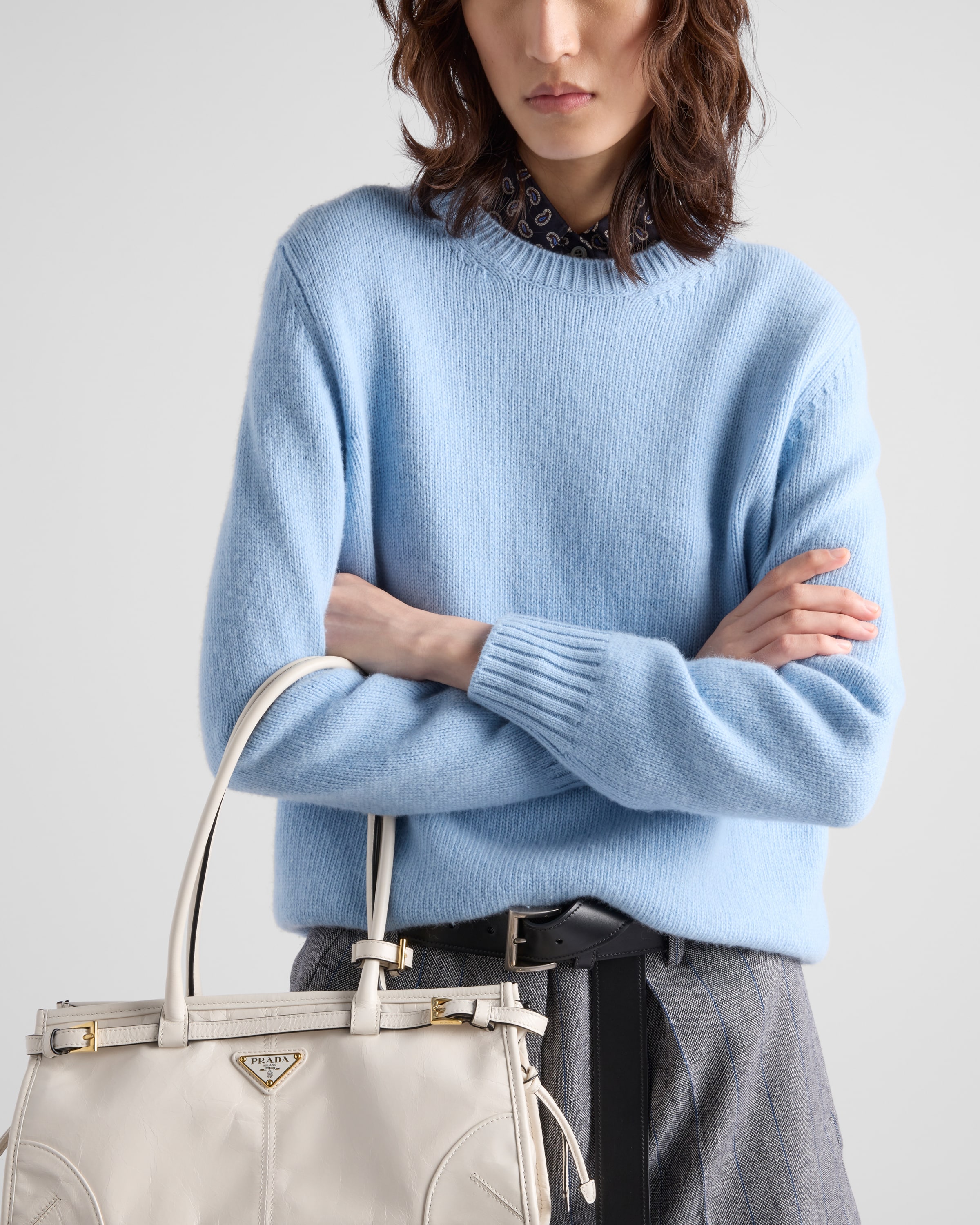 ブルー ウールxカシミヤ クルーネック セーター | PRADA