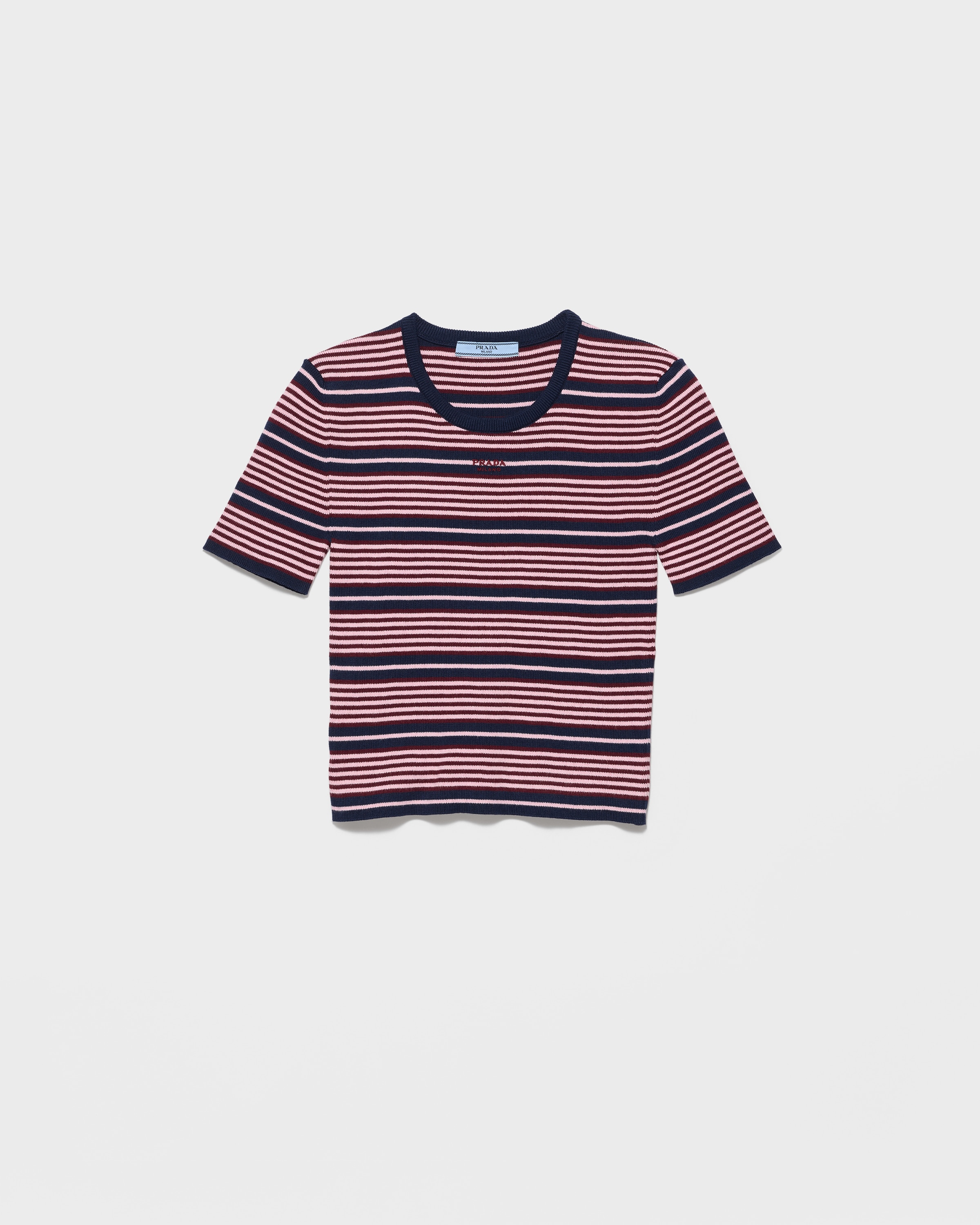 Navy/Petal Short-sleeved striped cotton sweater | PRADA - Japan