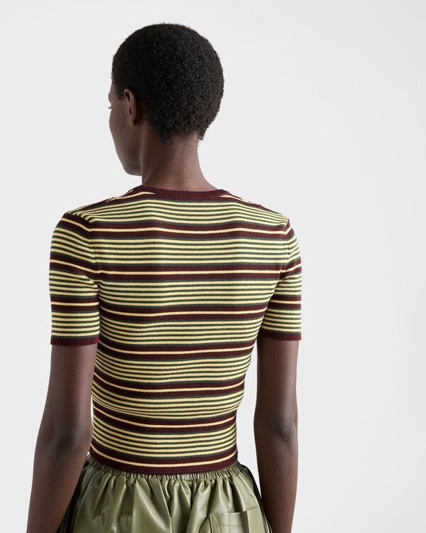 Short-sleeved striped cotton sweater - Amaranth/Cream Short-sleeved striped cotton sweater - Amaranth/Cream