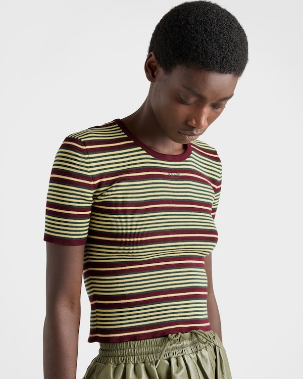 Short-sleeved striped cotton sweater - Amaranth/Cream Short-sleeved striped cotton sweater - Amaranth/Cream