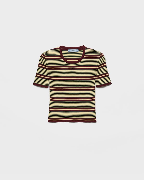 Short-sleeved striped cotton sweater - Amaranth/Cream Short-sleeved striped cotton sweater - Amaranth/Cream