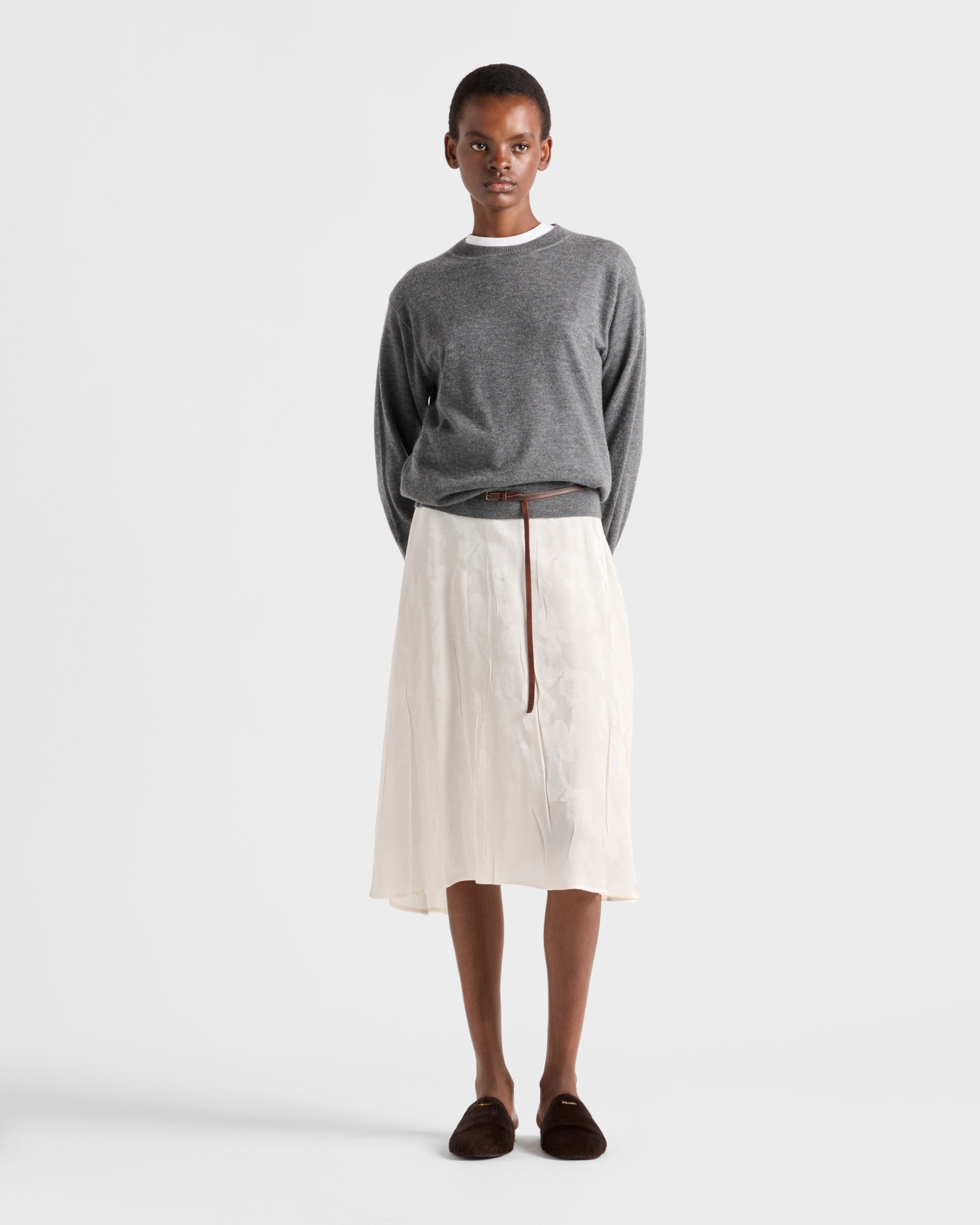 Prada Superfine Cashmere Knit Crewneck Sweater In Gray