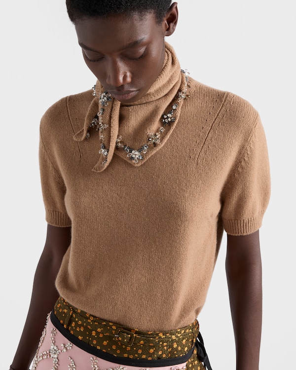 Short-sleeved cashmere sweater with scarf - Camel Brown Short-sleeved cashmere sweater with scarf - Camel Brown