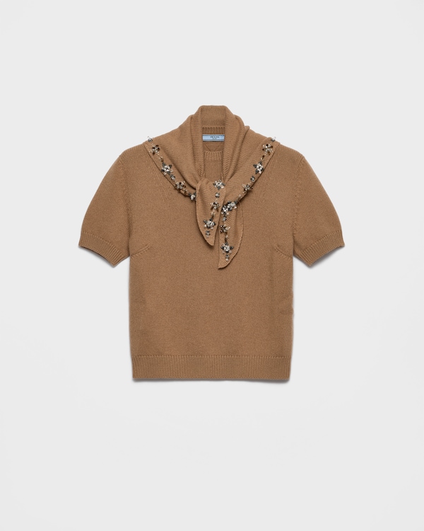 Short-sleeved cashmere sweater with scarf - Camel Brown Short-sleeved cashmere sweater with scarf - Camel Brown