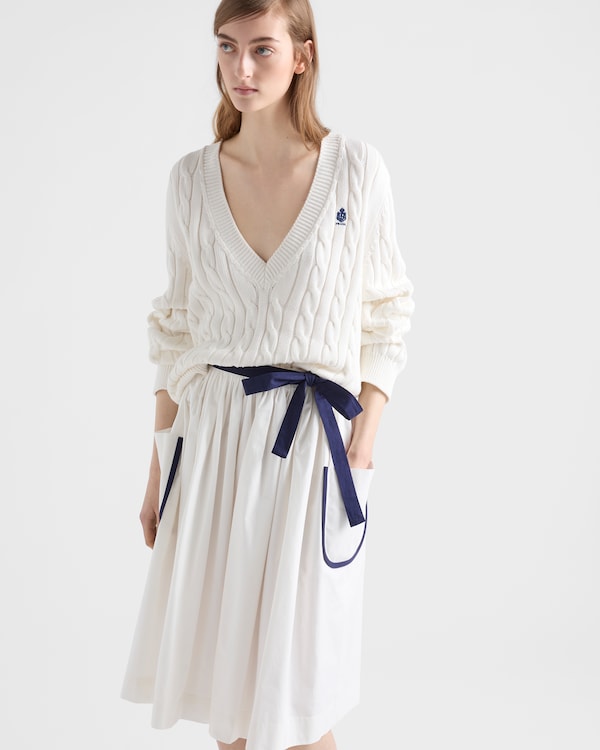 Cable-knit V-neck cotton sweater - White Cable-knit V-neck cotton sweater - White