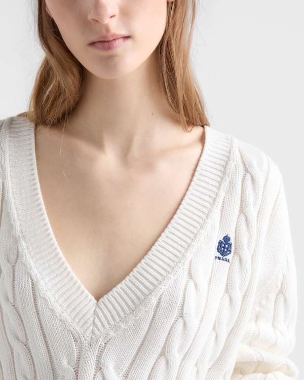 Cable-knit V-neck cotton sweater - White Cable-knit V-neck cotton sweater - White