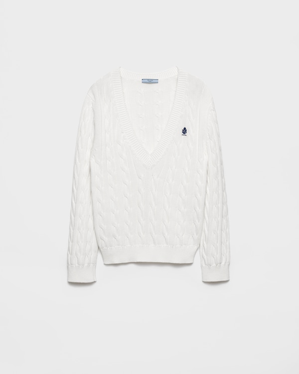 Cable-knit V-neck cotton sweater - White Cable-knit V-neck cotton sweater - White