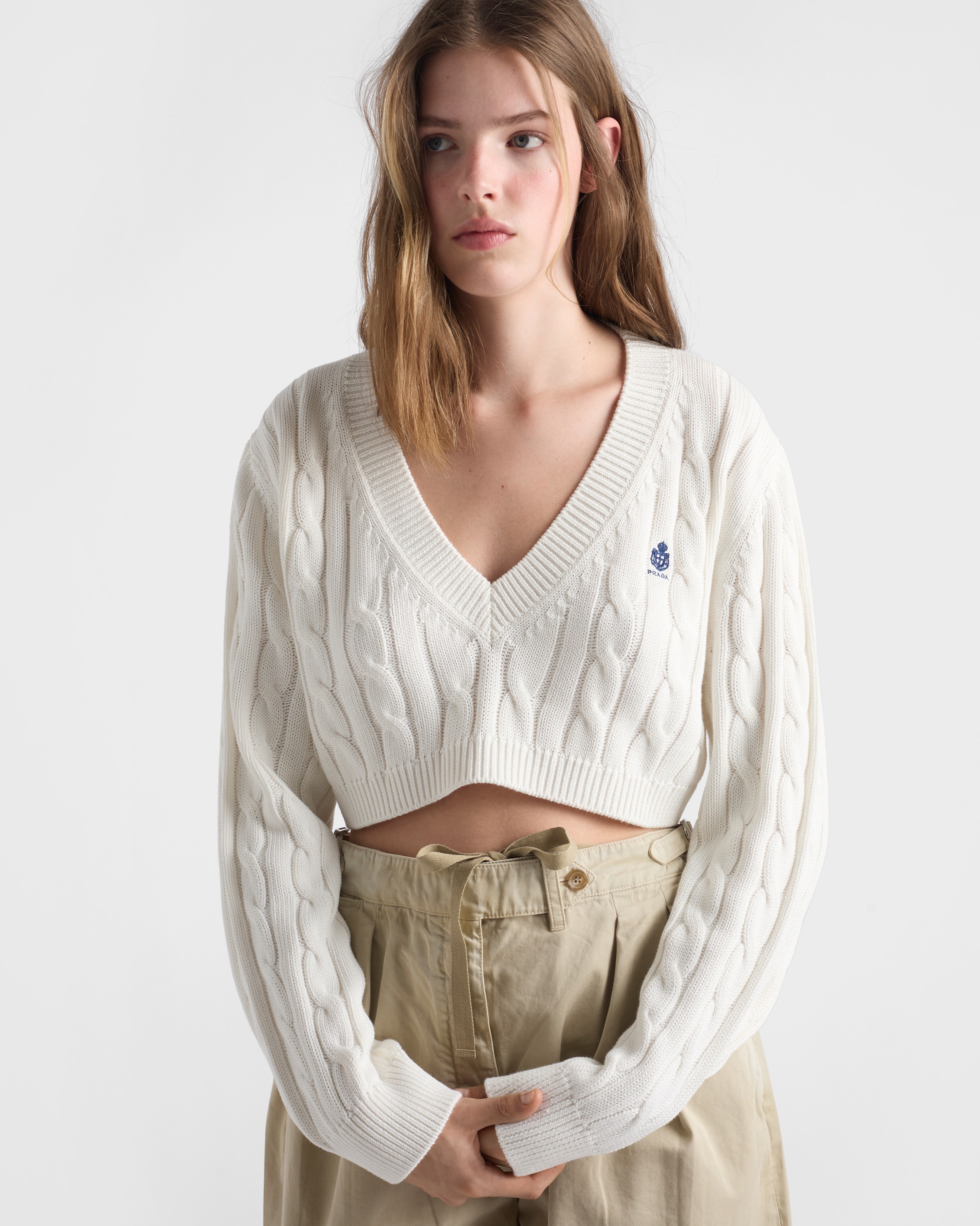 White V-neck cotton sweater | PRADA - United States