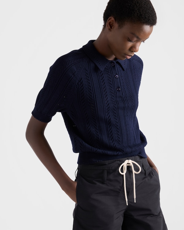 Short-sleeved openwork cotton polo shirt - Navy Short-sleeved openwork cotton polo shirt - Navy