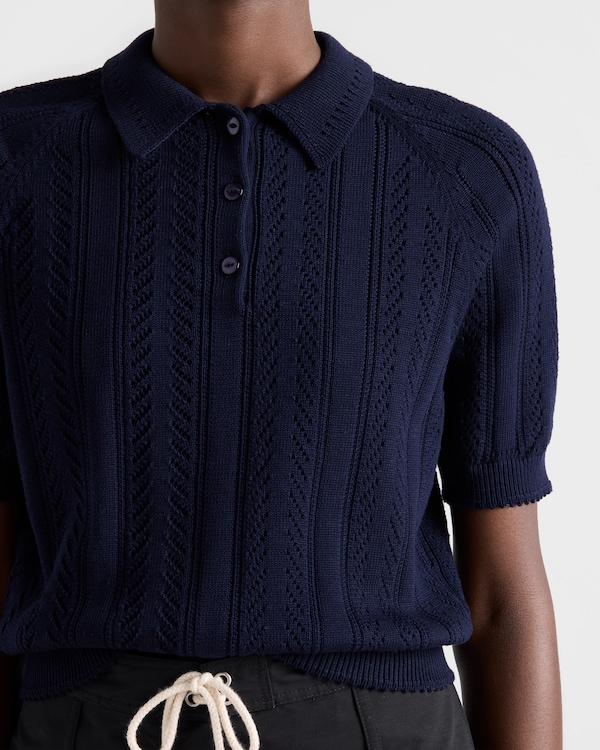 Short-sleeved openwork cotton polo shirt - Navy Short-sleeved openwork cotton polo shirt - Navy