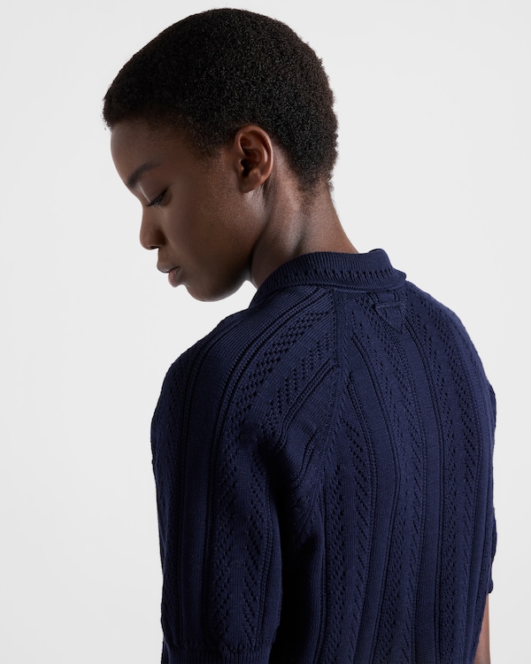 Short-sleeved openwork cotton polo shirt - Navy Short-sleeved openwork cotton polo shirt - Navy