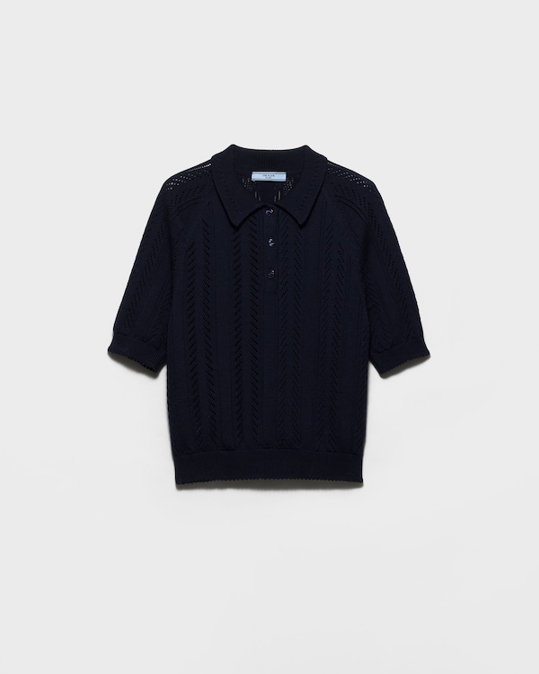 Short-sleeved openwork cotton polo shirt - Navy Short-sleeved openwork cotton polo shirt - Navy