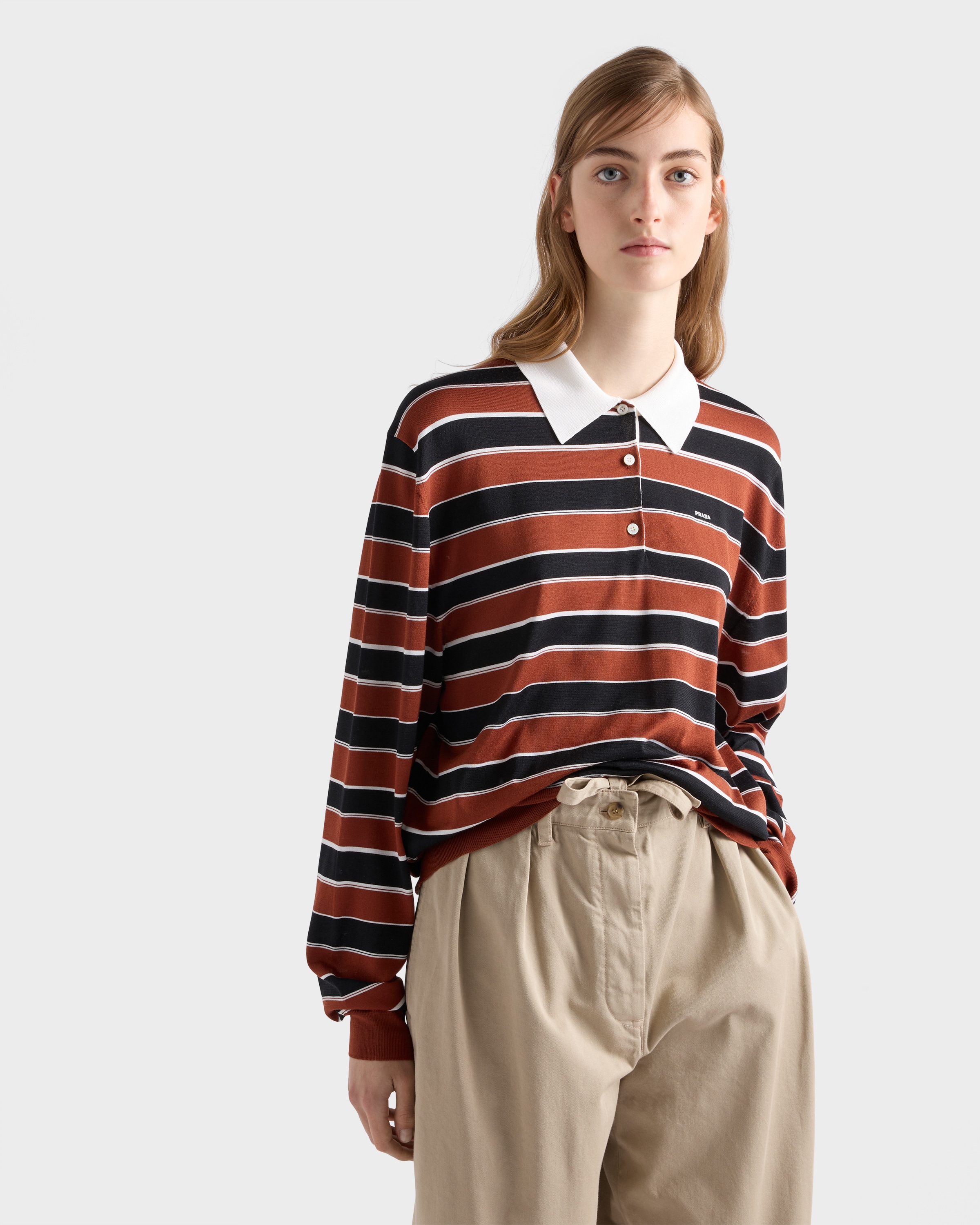 Rust/Black Striped silk polo shirt | PRADA - Denmark