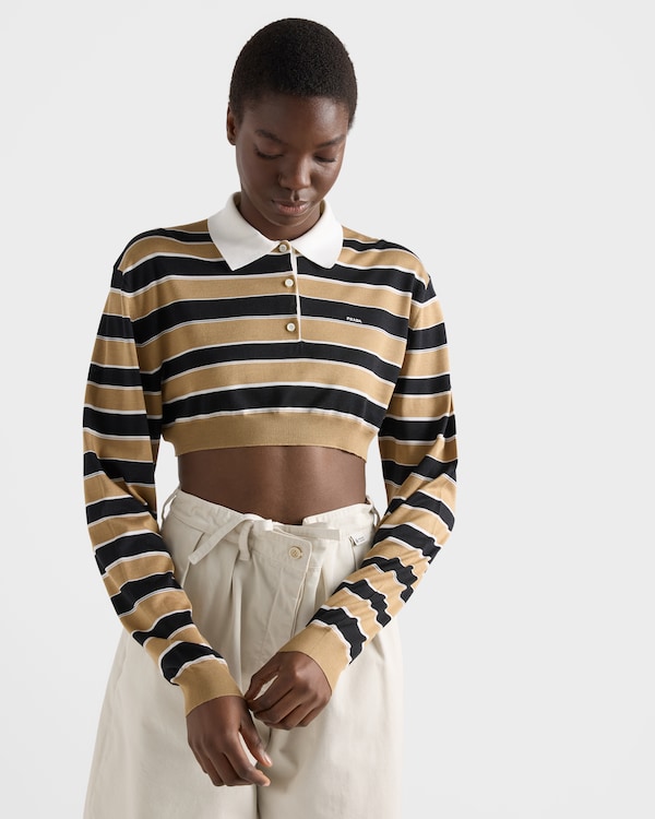 Cropped striped silk polo shirt - Sand/Black Cropped striped silk polo shirt - Sand/Black
