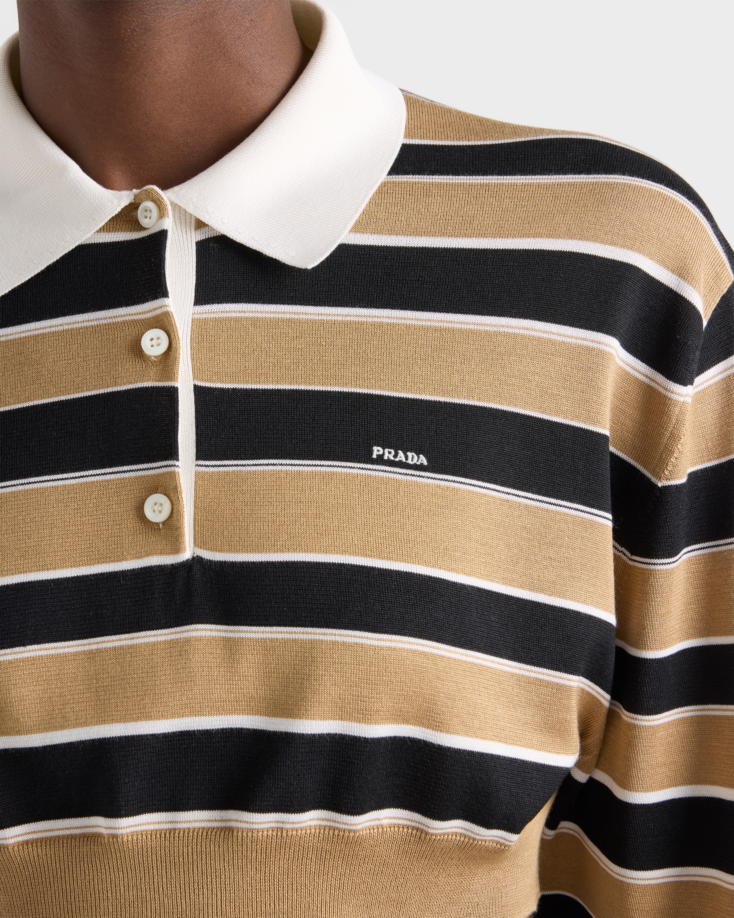 Sand/Black Cropped striped silk polo shirt | PRADA