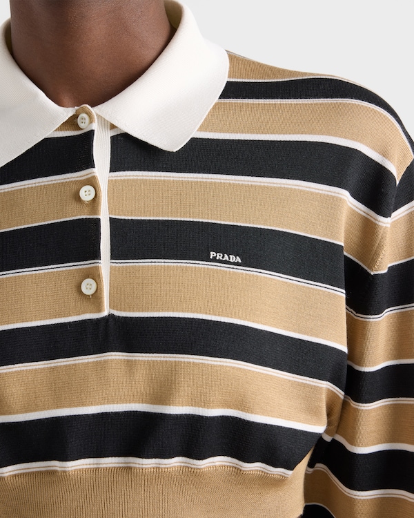 Cropped striped silk polo shirt - Sand/Black Cropped striped silk polo shirt - Sand/Black