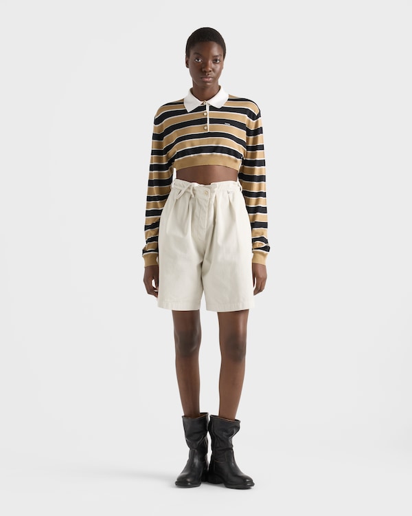 Cropped striped silk polo shirt - Sand/Black Cropped striped silk polo shirt - Sand/Black