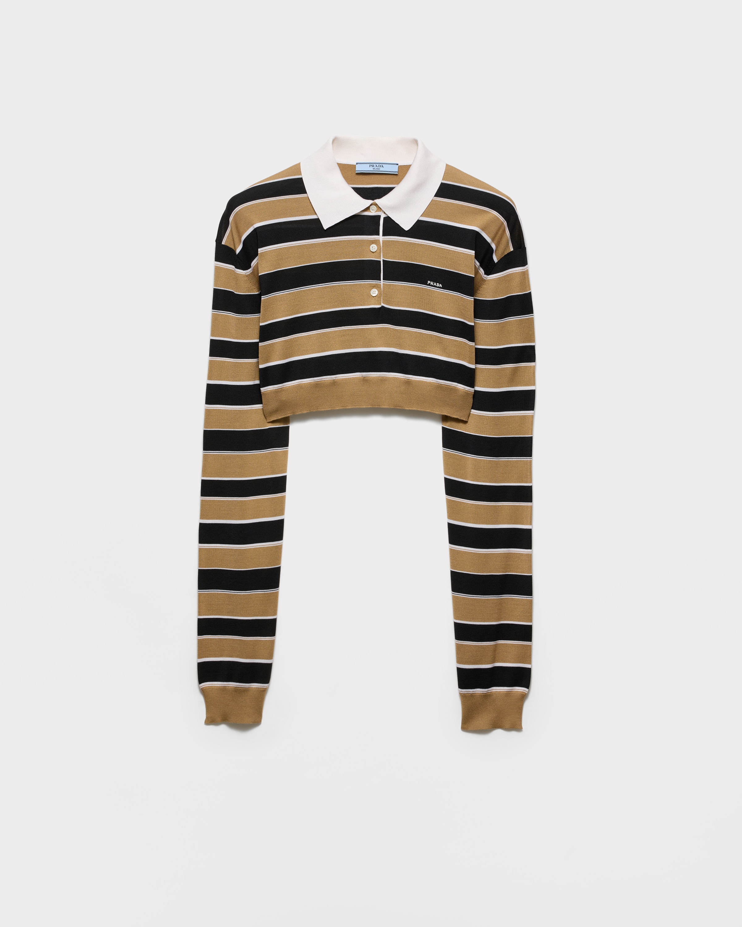 Sand/Black Cropped striped silk polo shirt | PRADA - Spain