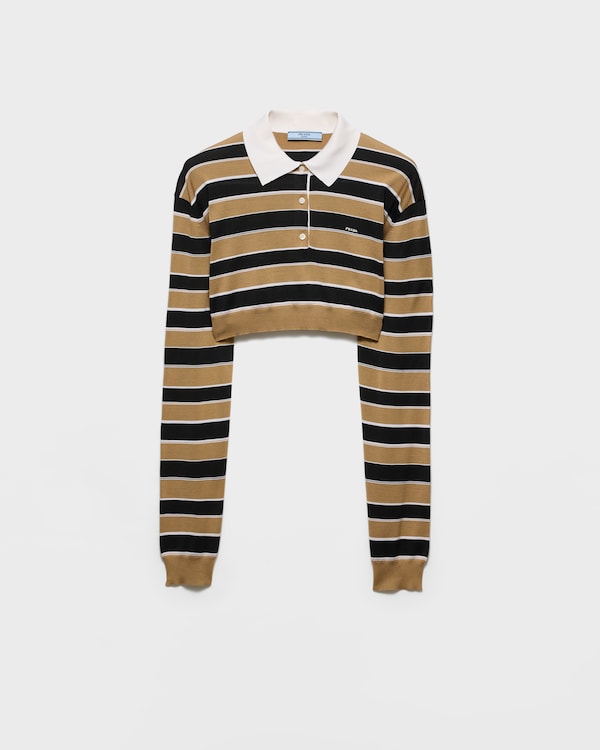 Cropped striped silk polo shirt - Sand/Black Cropped striped silk polo shirt - Sand/Black