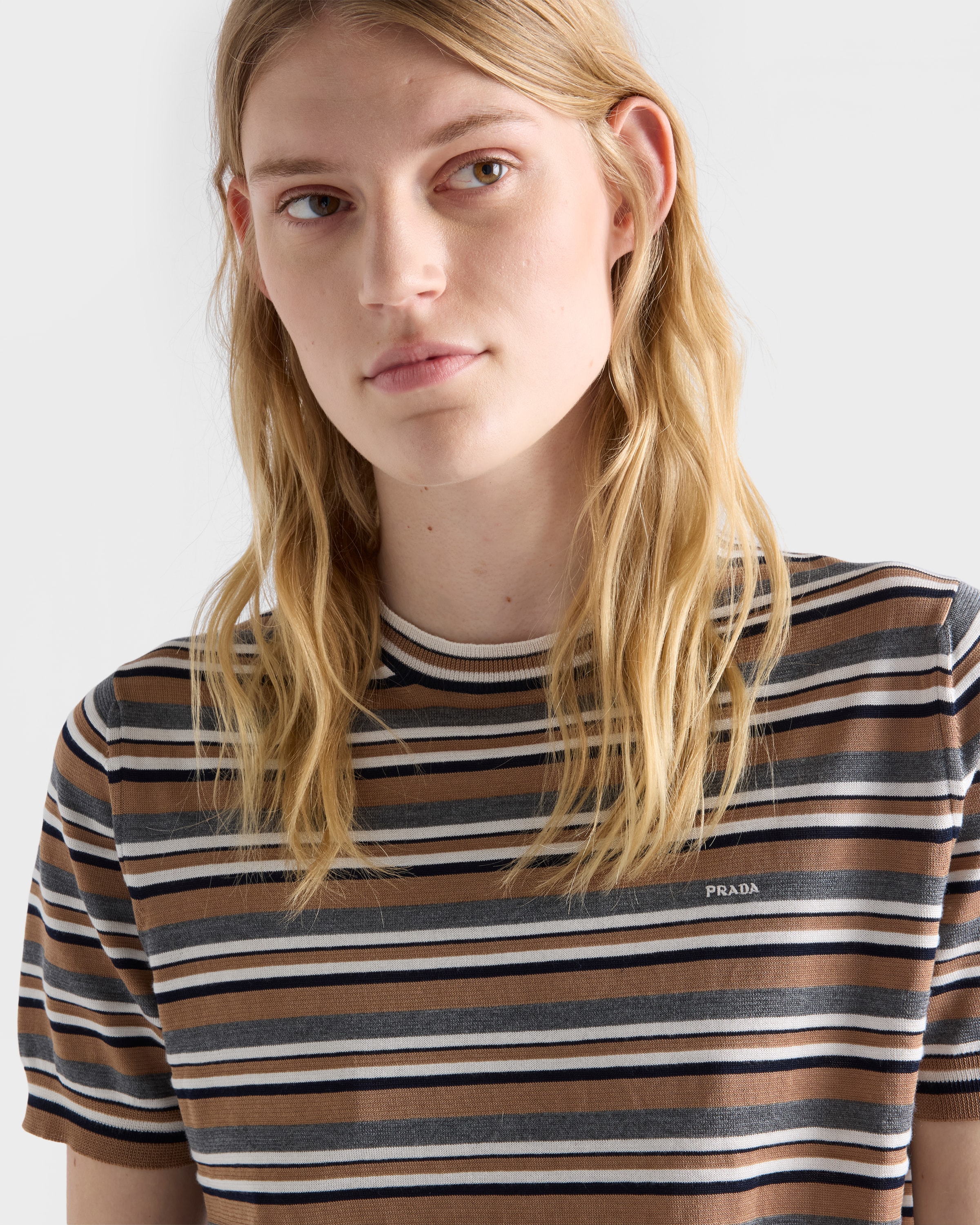 Camel Brown /Slate Gray Short-sleeved Striped Jersey T-shirt