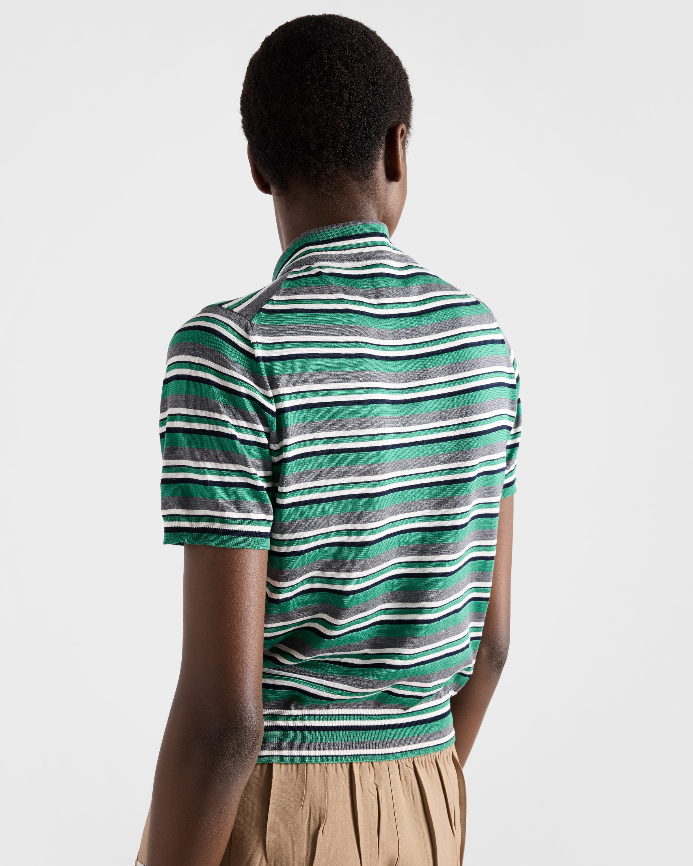 Meadow/Slate Short-sleeved striped cotton polo shirt | PRADA - Canada