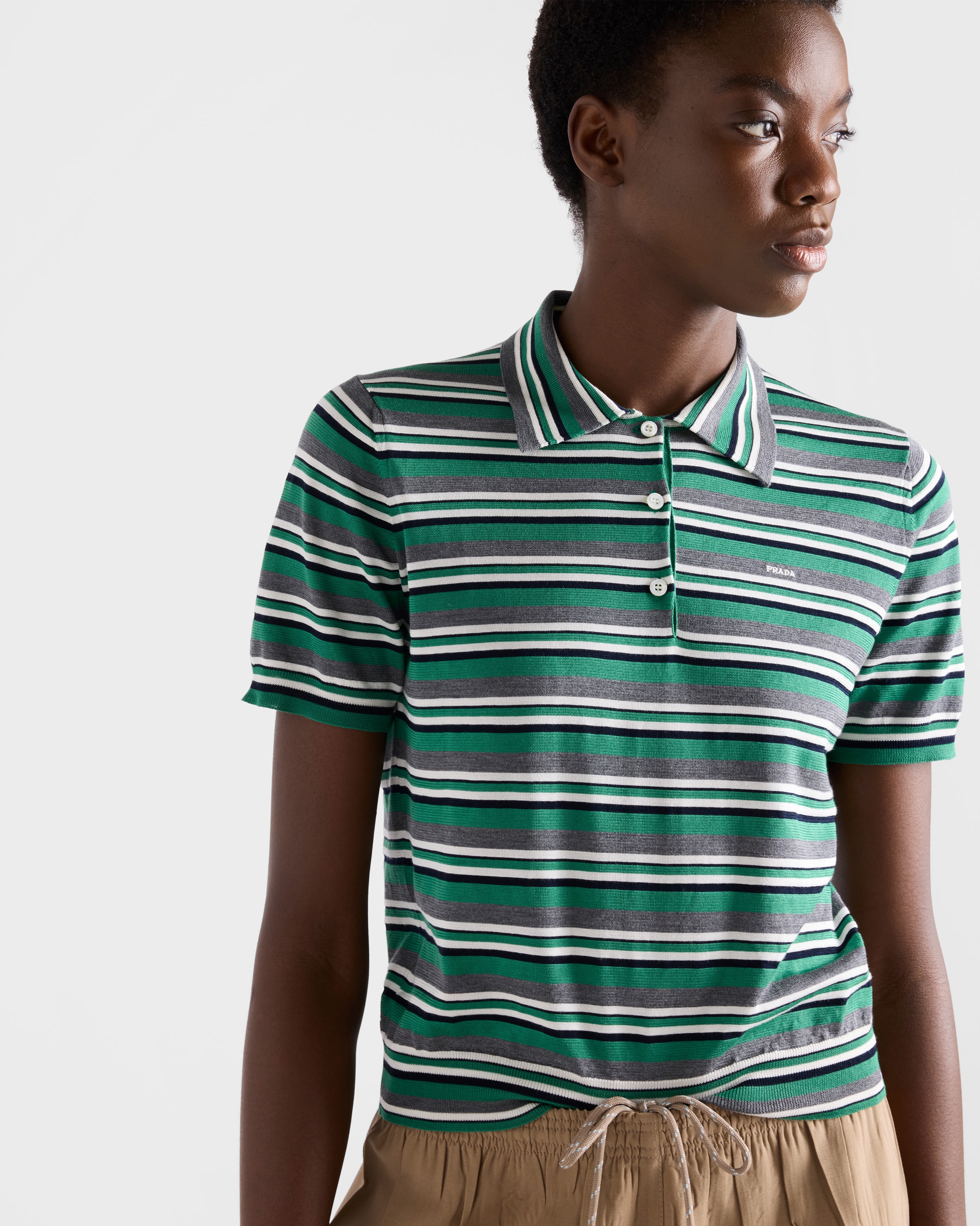 Meadow/Slate Short-sleeved striped cotton polo shirt | PRADA