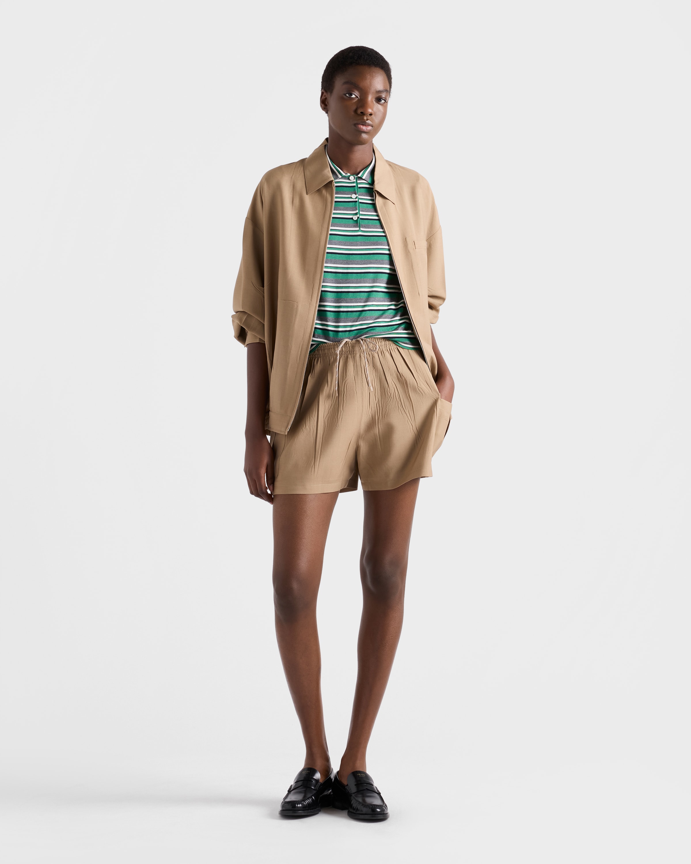 Meadow/Slate Short-sleeved striped cotton polo shirt | PRADA