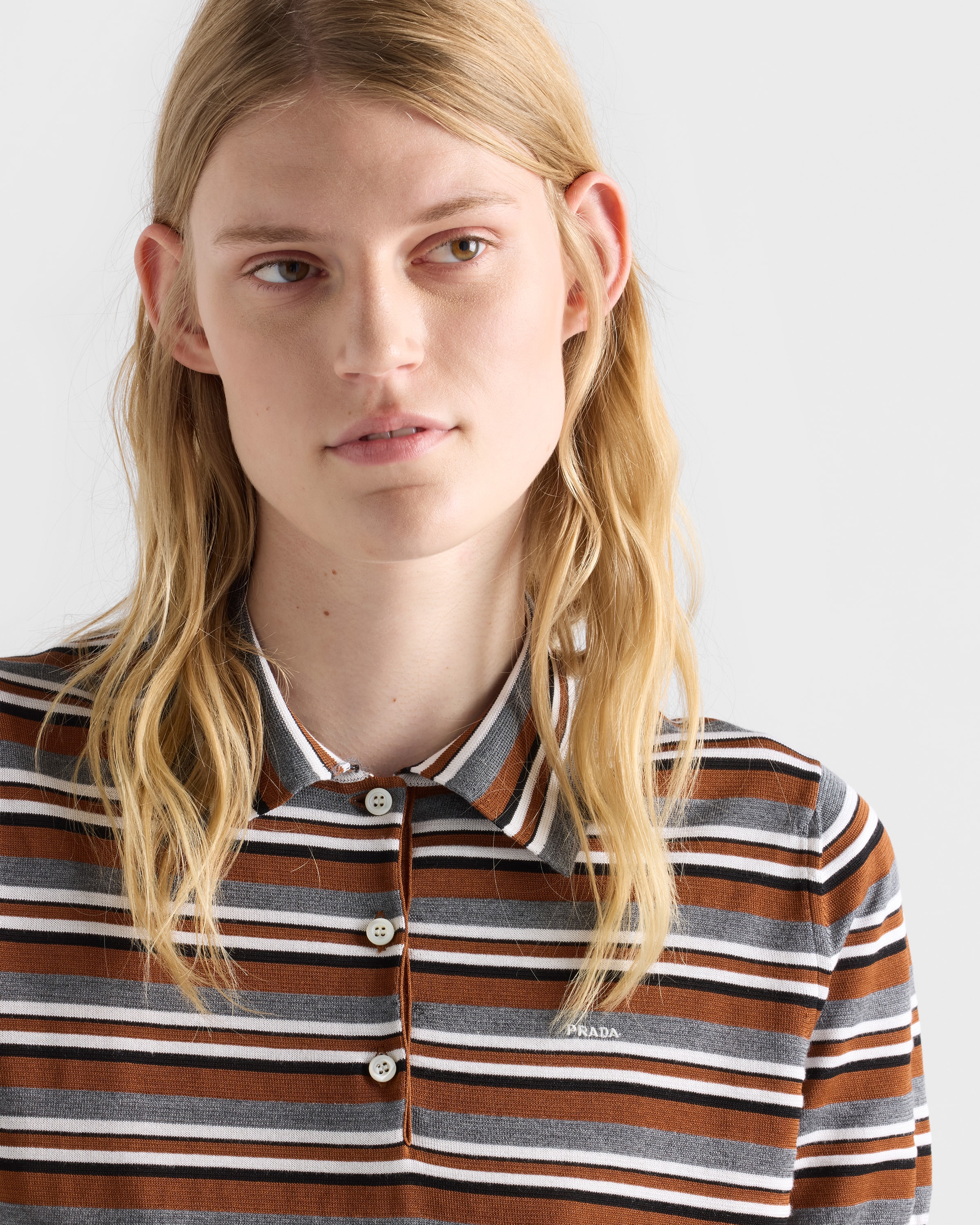Rust/Slate Short-sleeved striped cotton polo shirt | PRADA - Japan