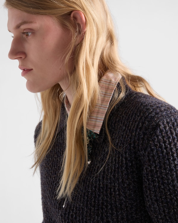 Short-sleeved wool and mouliné cashmere polo sweater - Dark Brown/Slate Short-sleeved wool and mouliné cashmere polo sweater - Dark Brown/Slate