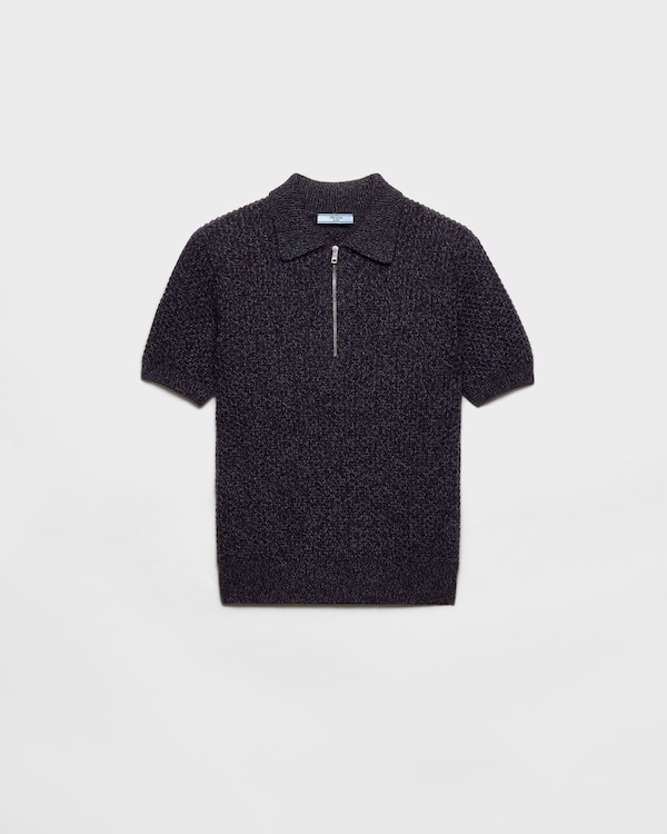 Short-sleeved wool and mouliné cashmere polo sweater - Dark Brown/Slate Short-sleeved wool and mouliné cashmere polo sweater - Dark Brown/Slate