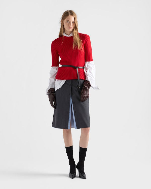Short-sleeved ribbed knit wool sweater - Rojo Short-sleeved ribbed knit wool sweater - Rojo