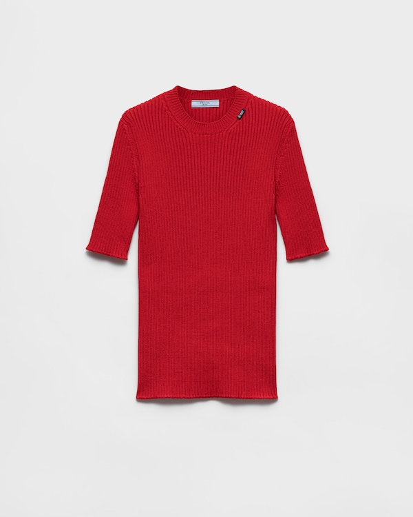 Short-sleeved ribbed knit wool sweater - Rojo Short-sleeved ribbed knit wool sweater - Rojo