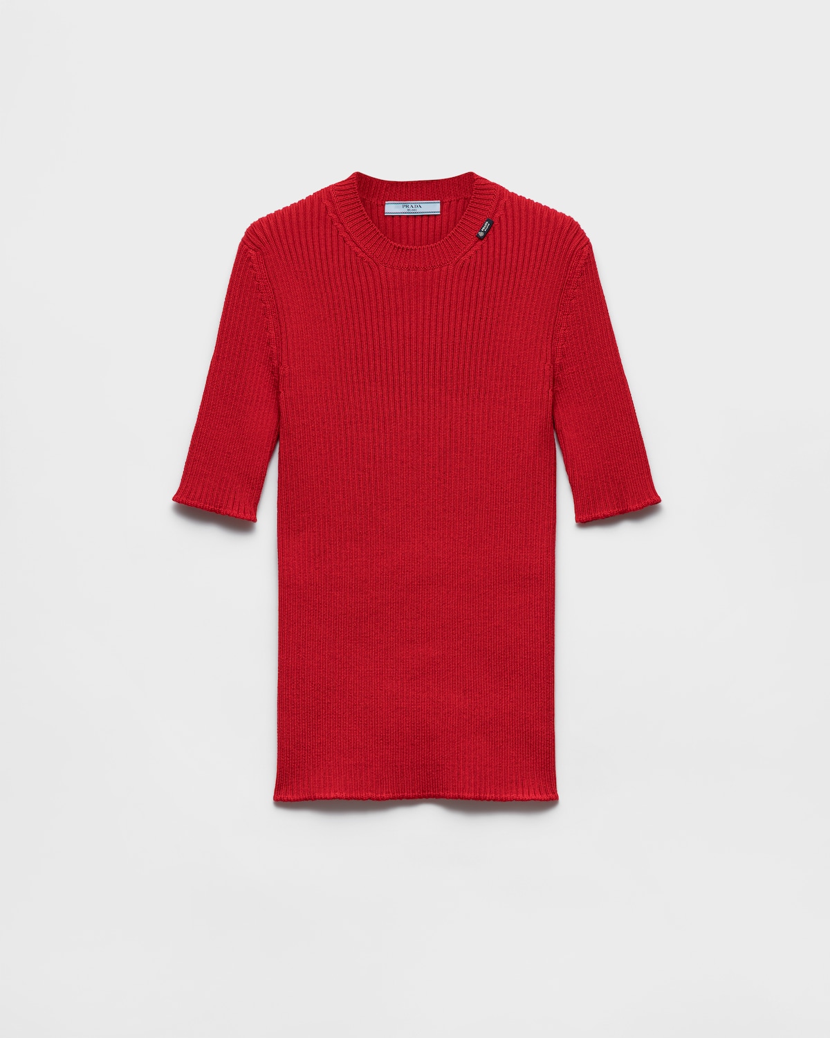 Short-sleeved ribbed knit wool sweater